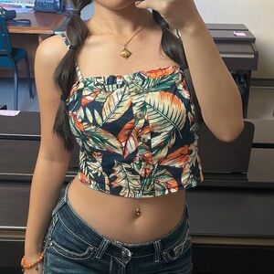 Tropical Leaf Print Crop Top